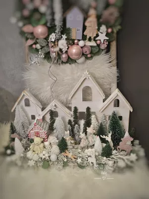 Zimná krajinka a veniec v jemných ružových farbách 